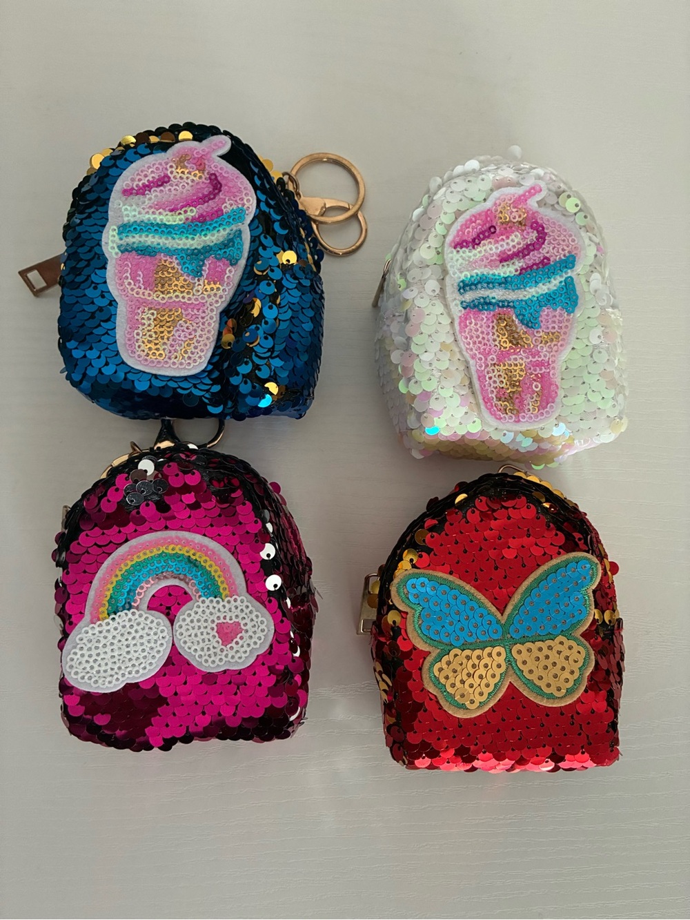 Sequin Mini Backpack Keychain - Pink, Blue, Red, White.